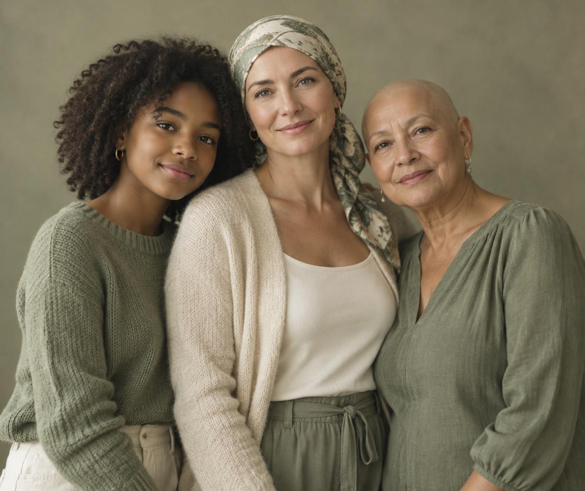 Illustrative portrait of three women of different ages and backgrounds standing together — one with natural curls, one wearing a head scarf, one with a bare scalp