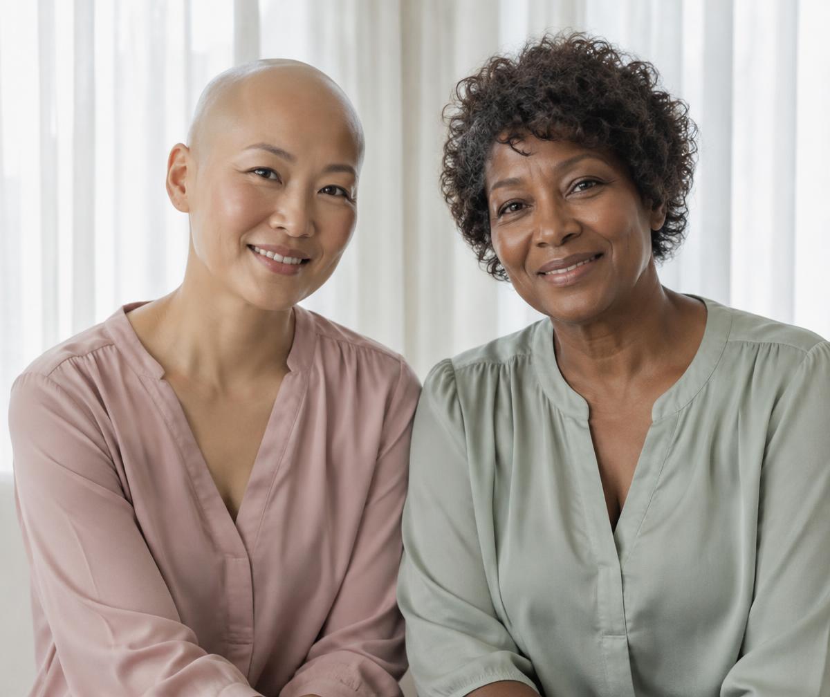 Illustrative portrait of two women with different medical hair-loss experiences