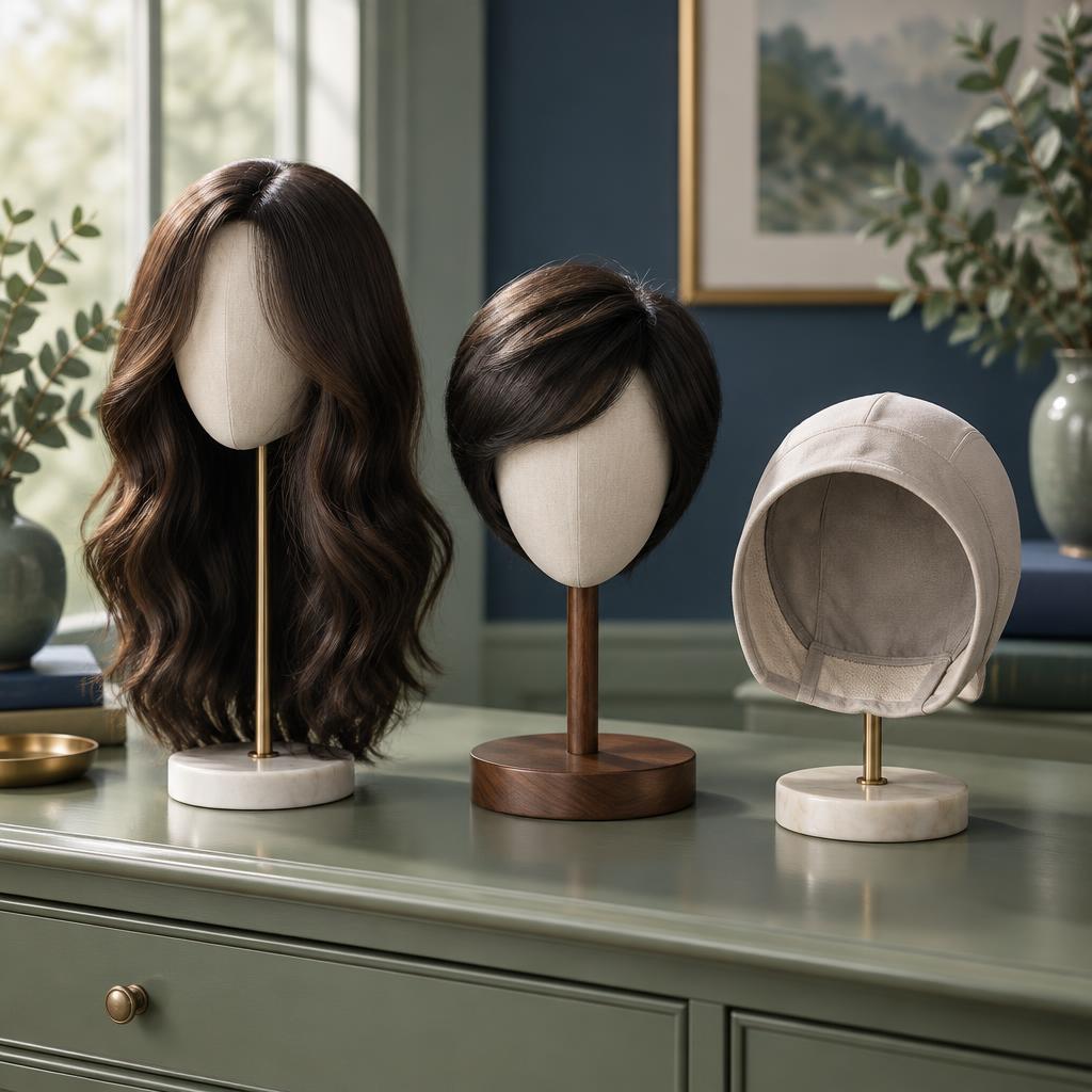 Illustrative image of a human hair prosthesis, a synthetic style, and a soft medical-grade cranial cap on display stands