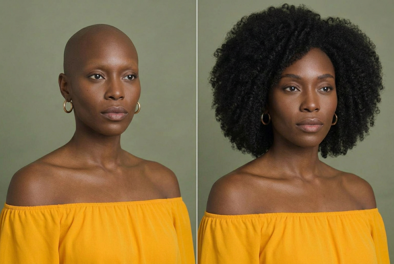 AI-generated illustration of the same woman without a wig on the left and wearing natural coils on the right