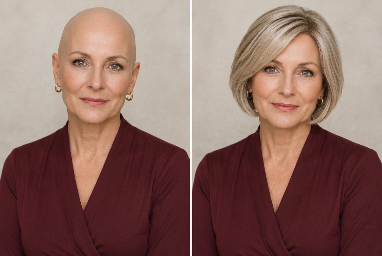 AI-generated illustration of the same woman without a wig on the left and wearing the ash blonde bob on the right