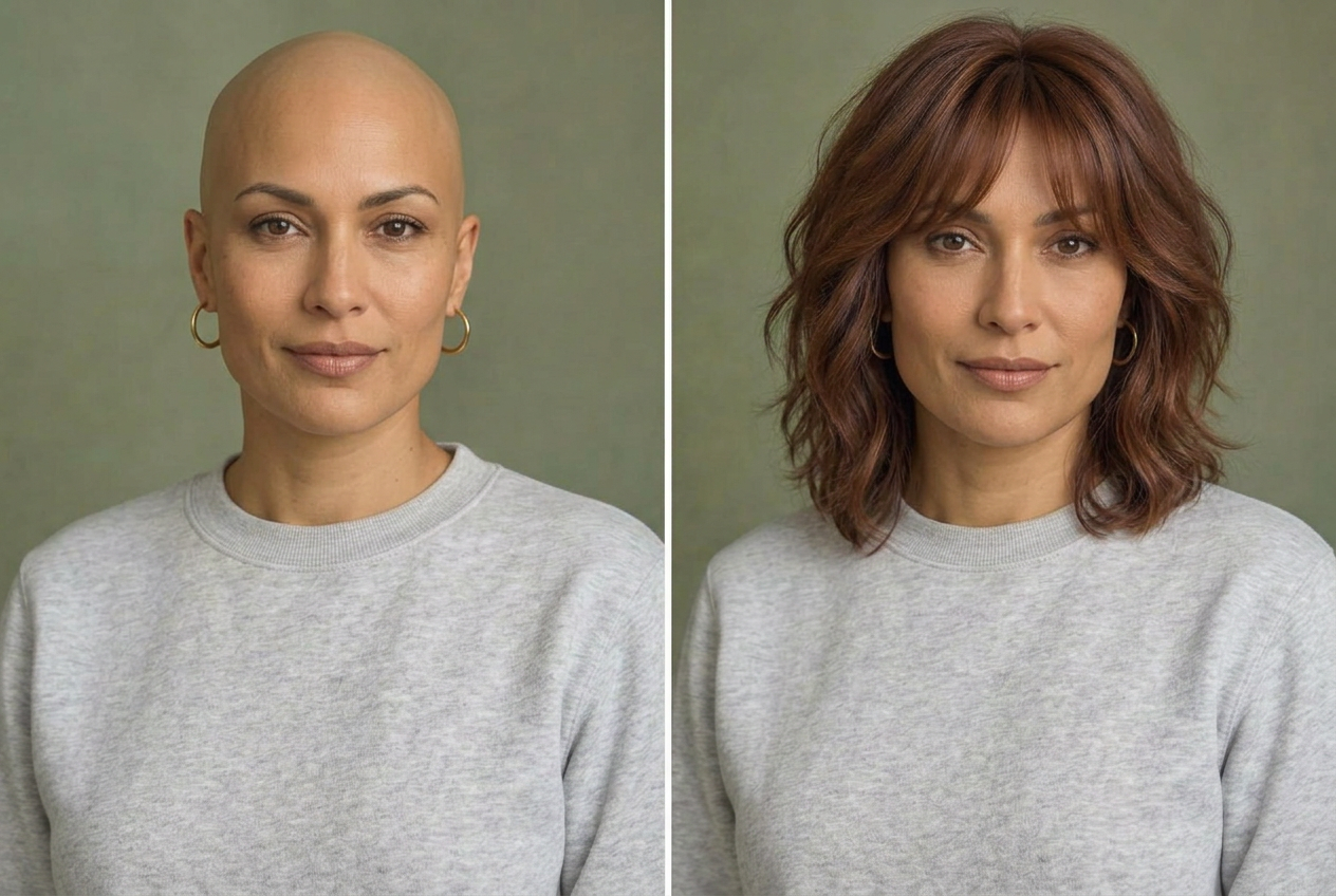 AI-generated illustration of the same woman without a wig on the left and wearing the auburn shag on the right