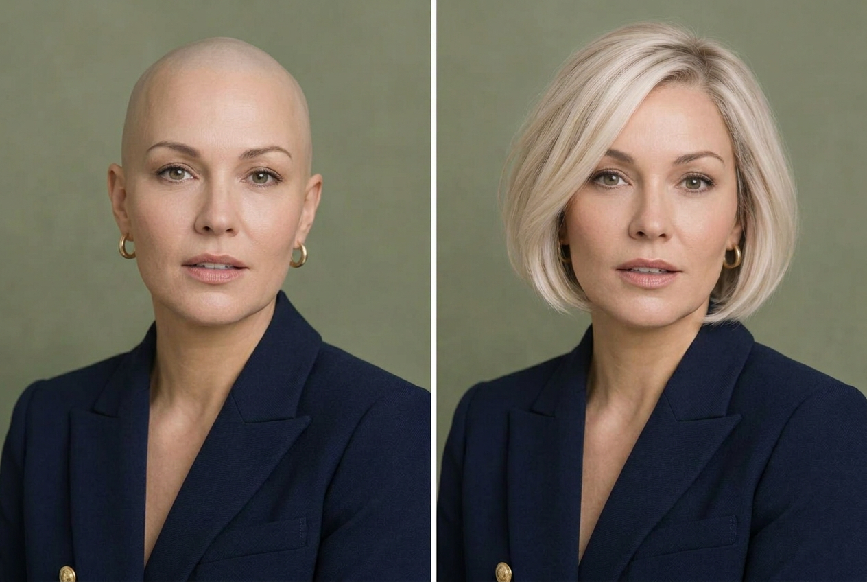 AI-generated illustration of the same woman without a wig on the left and wearing the blonde bob on the right