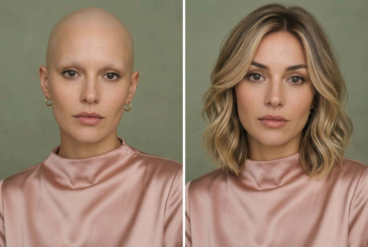 AI-generated illustration of the same woman without a wig on the left and wearing the long blonde lob on the right