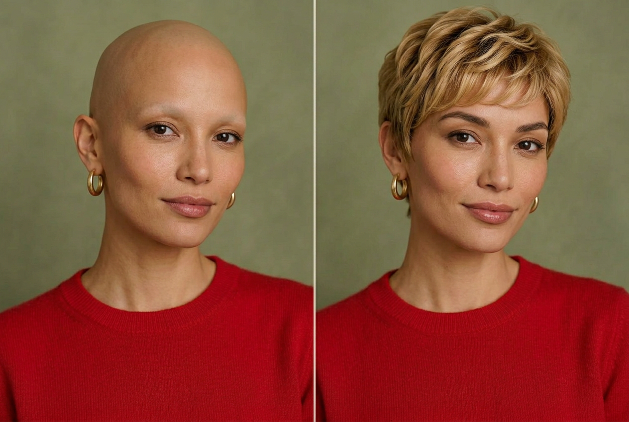 AI-generated illustration of the same woman without a wig on the left and wearing the platinum pixie on the right