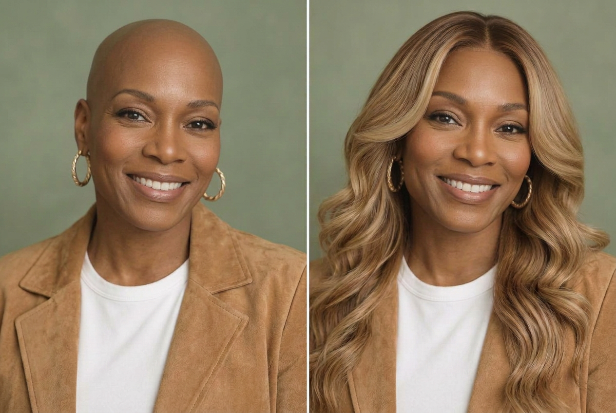 AI-generated illustration of the same woman without a wig on the left and wearing golden blonde waves on the right