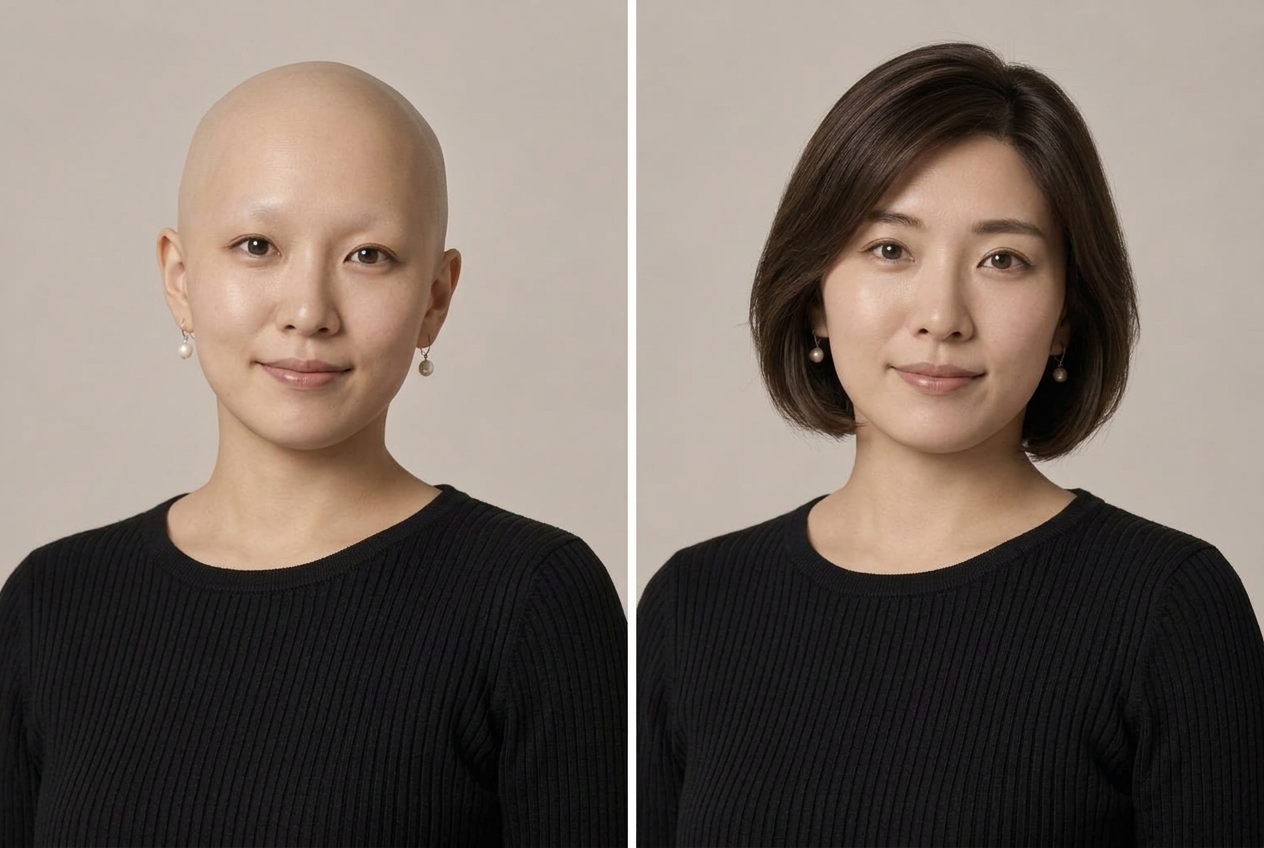 AI-generated illustration of the same woman without a wig on the left and wearing the classic bob on the right