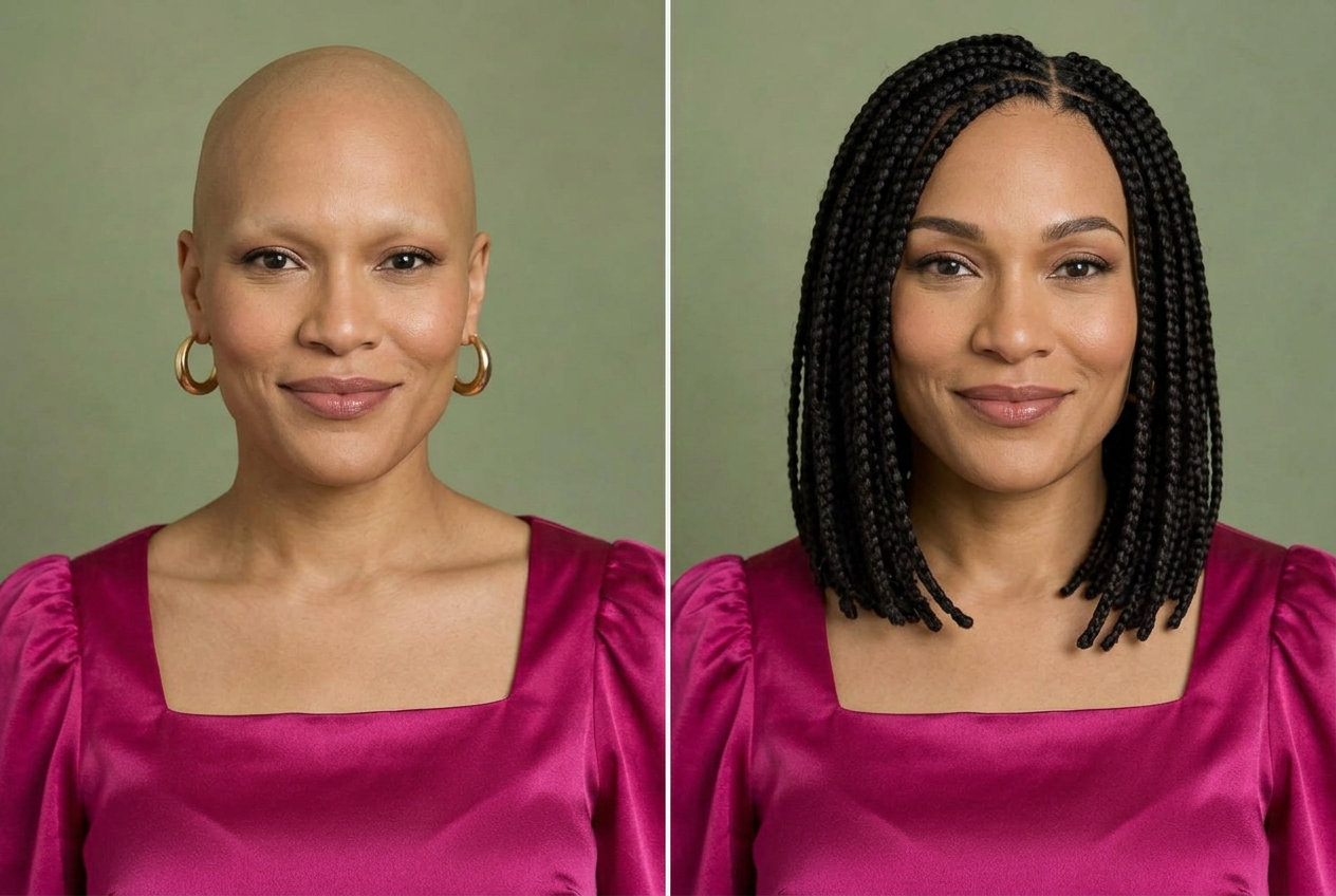 AI-generated illustration of the same woman without a wig on the left and wearing the box braid bob on the right