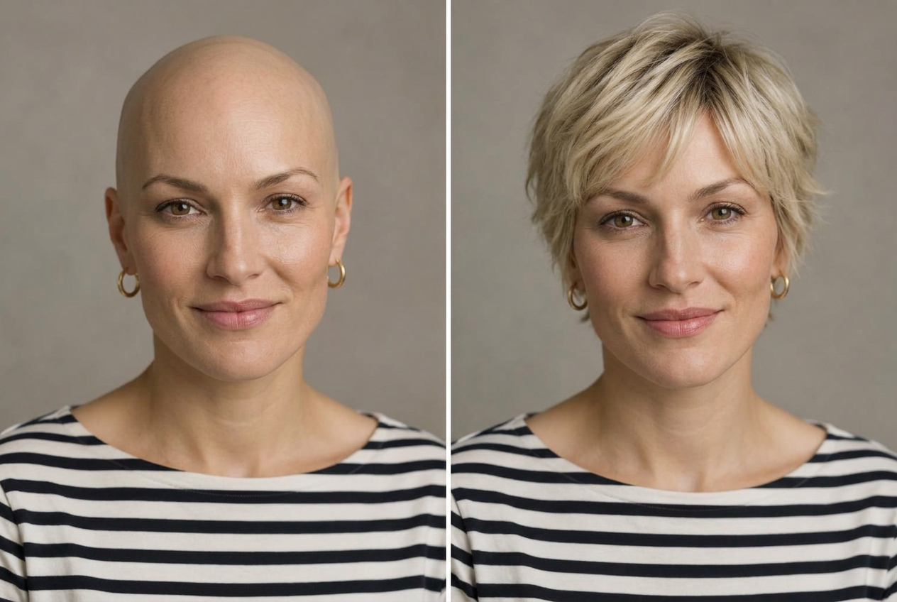 AI-generated illustration of the same woman without a wig on the left and wearing the butter crop on the right