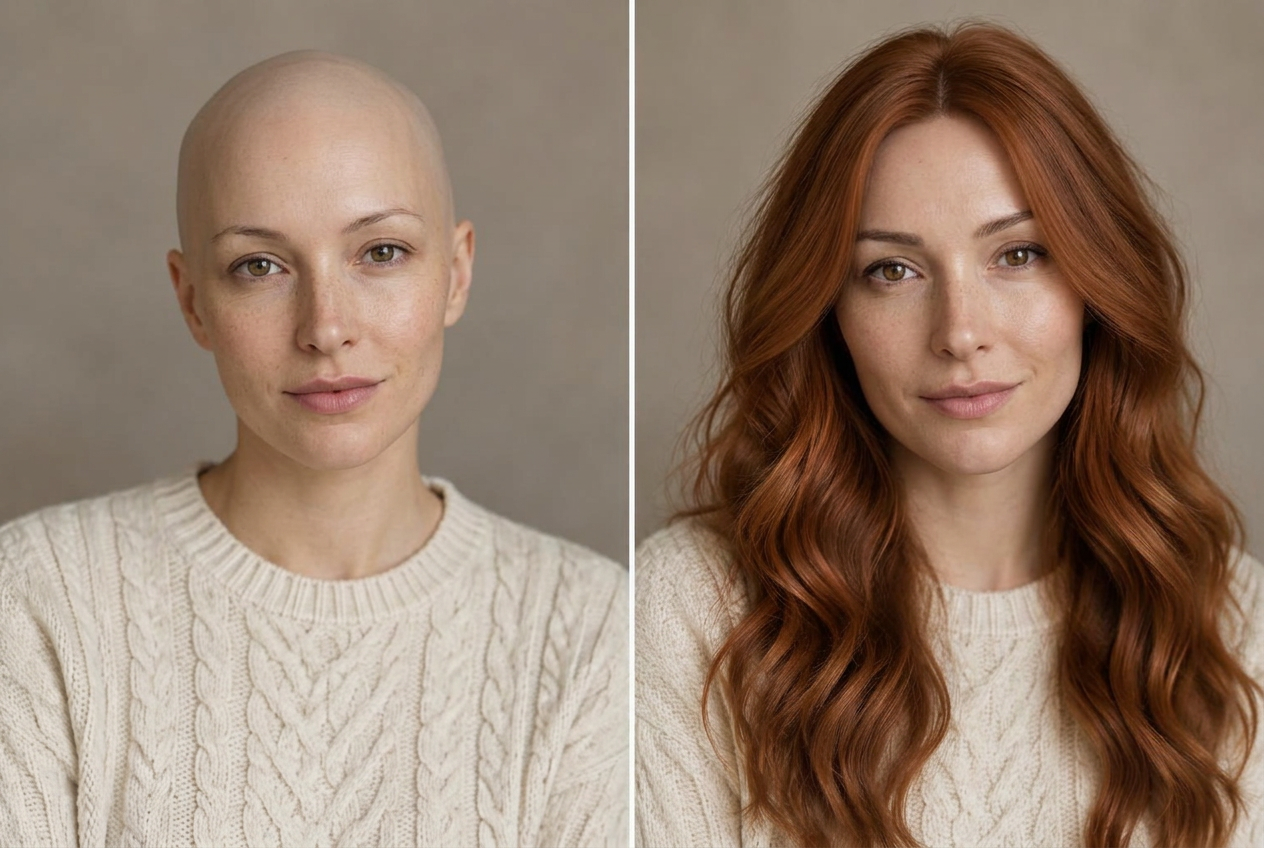 AI-generated illustration of the same woman without a wig on the left and wearing long copper waves on the right