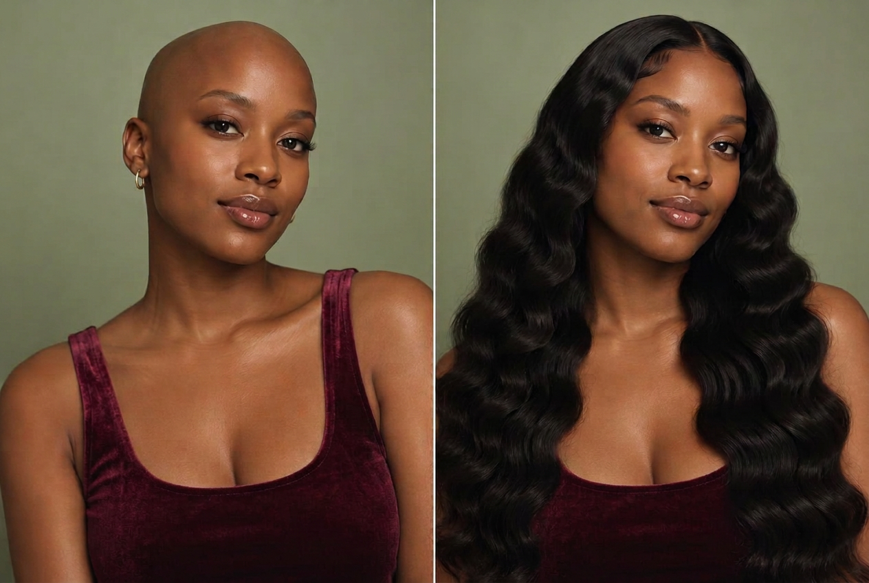 AI-generated illustration of the same woman without a wig on the left and wearing long deep wave on the right