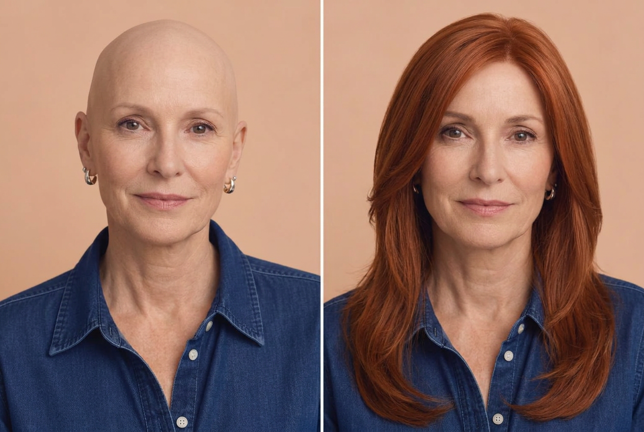 AI-generated illustration of the same woman without a wig on the left and wearing long ginger straight on the right