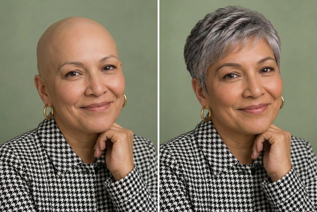 AI-generated illustration of the same woman without a wig on the left and wearing the grey taper on the right