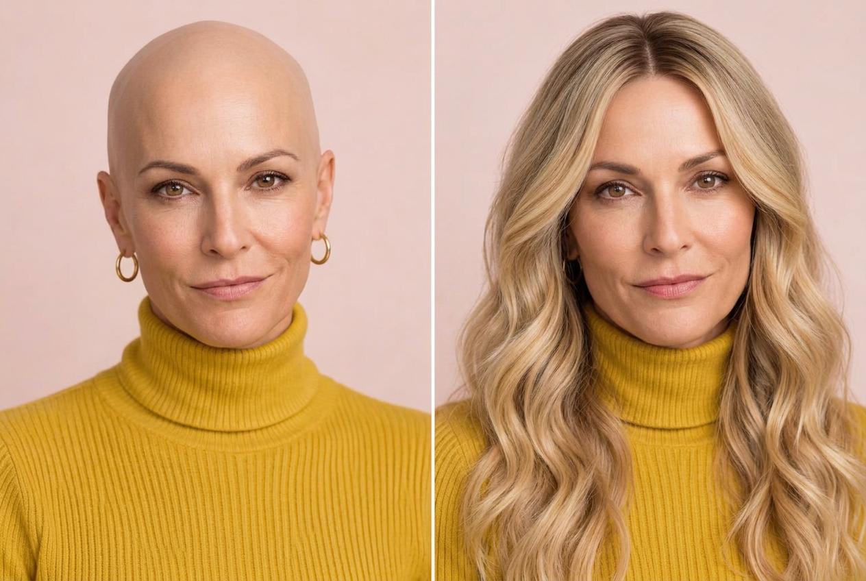 AI-generated illustration of the same woman without a wig on the left and wearing honey beach waves on the right
