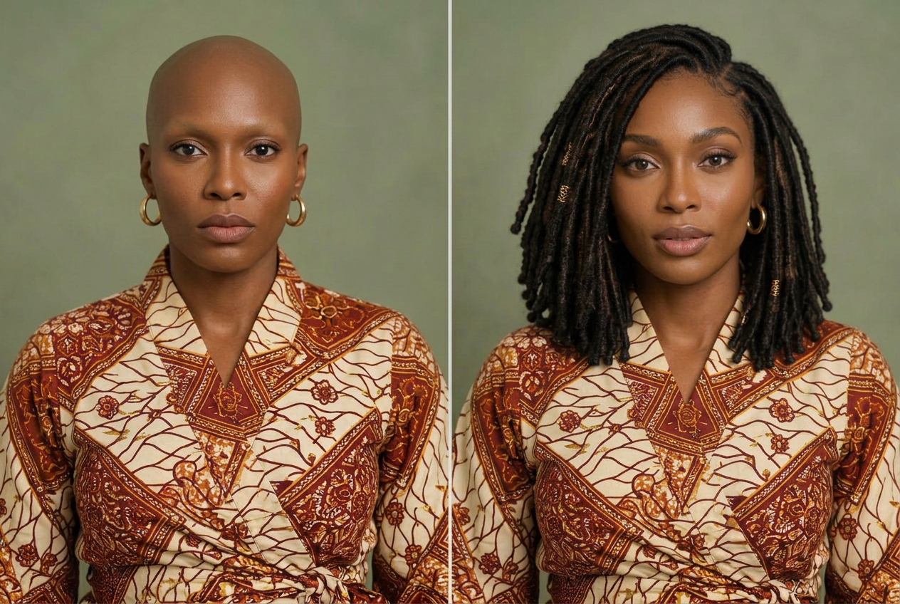AI-generated illustration of the same woman without a wig on the left and wearing soft locs on the right