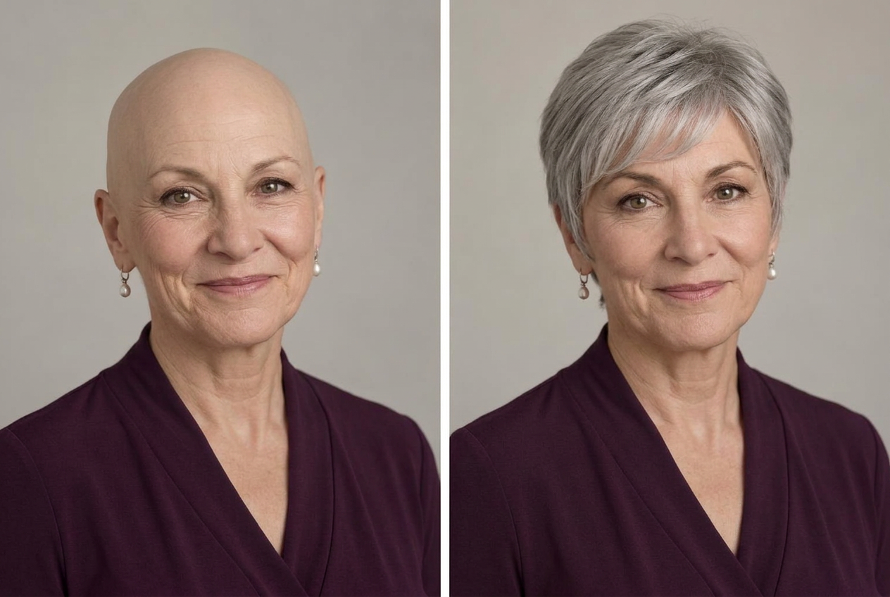AI-generated illustration of the same woman without a wig on the left and wearing the silver pixie on the right