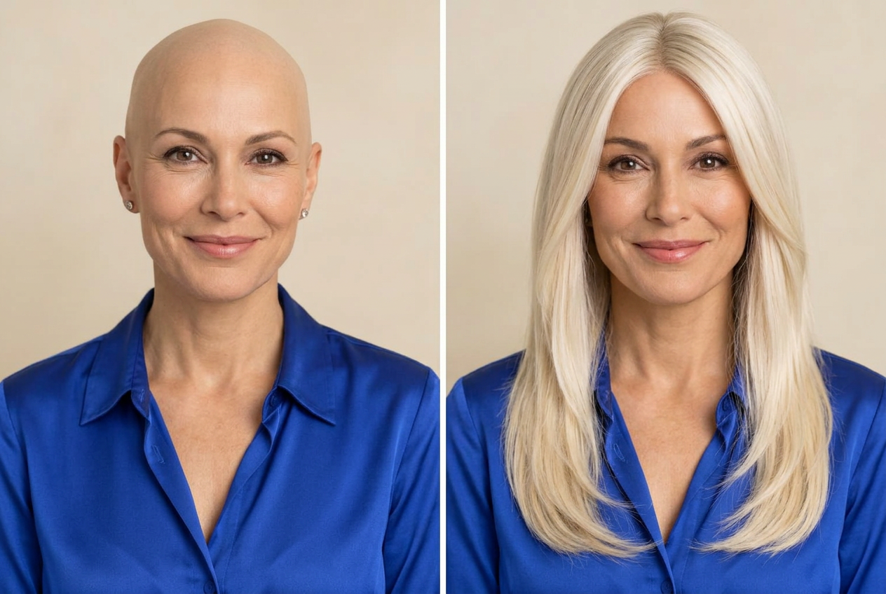 AI-generated illustration of the same woman without a wig on the left and wearing long platinum straight on the right