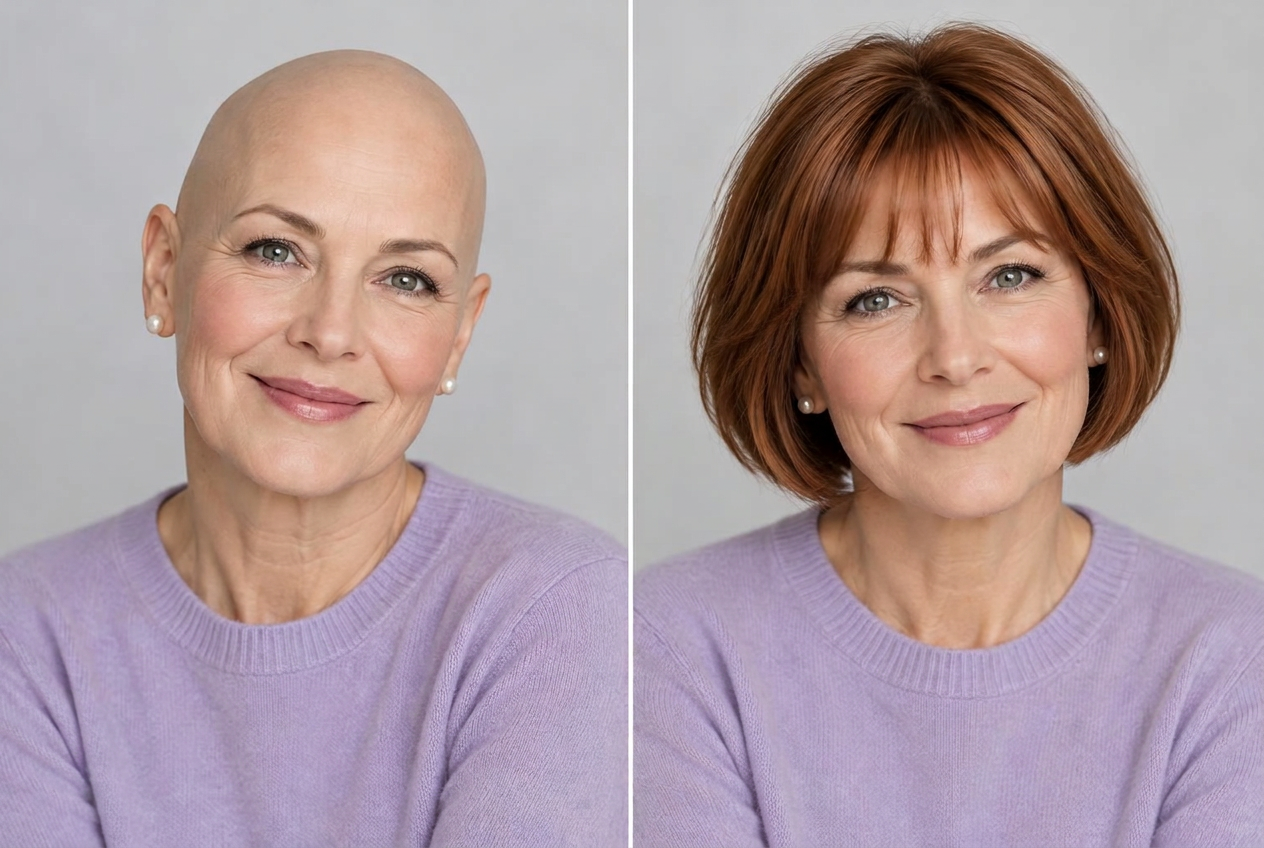 AI-generated illustration of the same woman without a wig on the left and wearing the auburn bob with bangs on the right