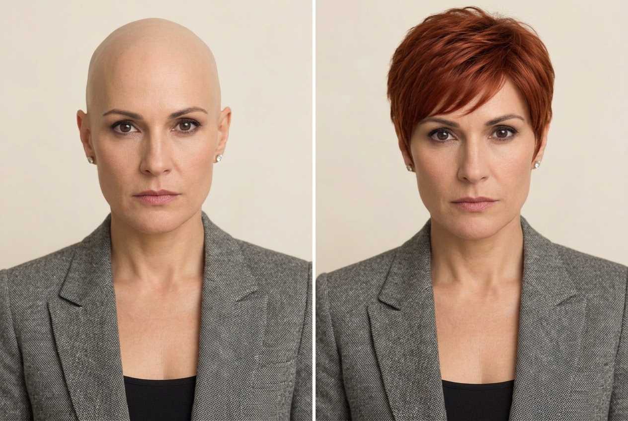 AI-generated illustration of the same woman without a wig on the left and wearing the red pixie on the right