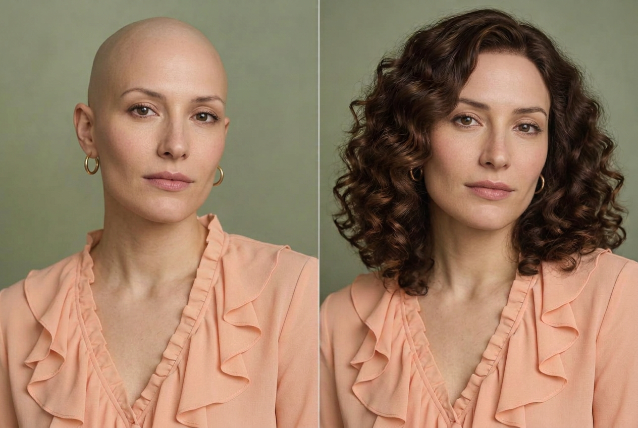 AI-generated illustration of the same woman without a wig on the left and wearing bouncy ringlets on the right