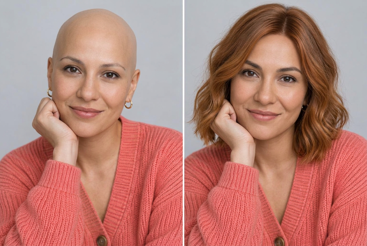 AI-generated illustration of the same woman without a wig on the left and wearing the rose-red lob on the right