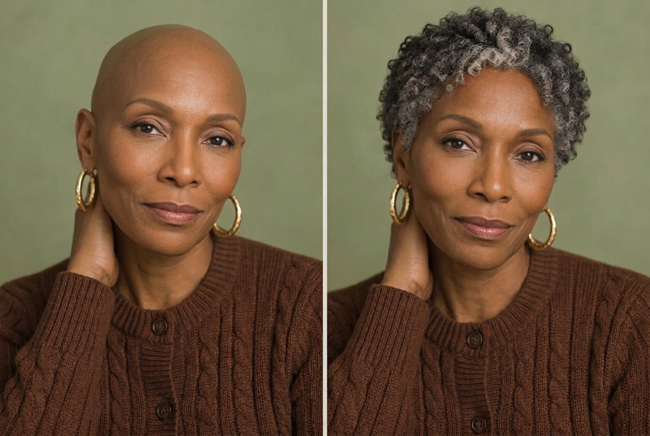 AI-generated illustration of the same woman without a wig on the left and wearing salt & pepper curls on the right
