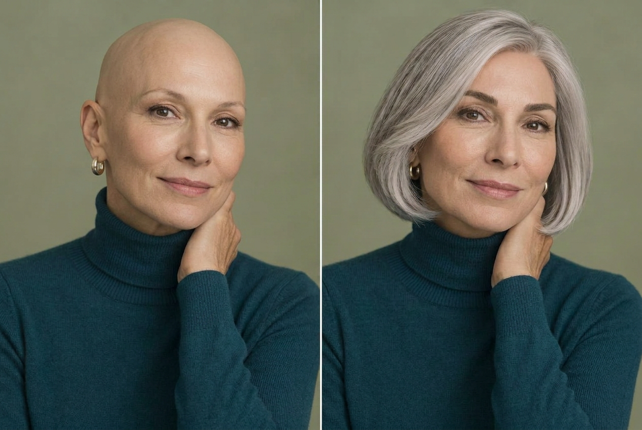 AI-generated illustration of the same woman without a wig on the left and wearing the silver bob on the right