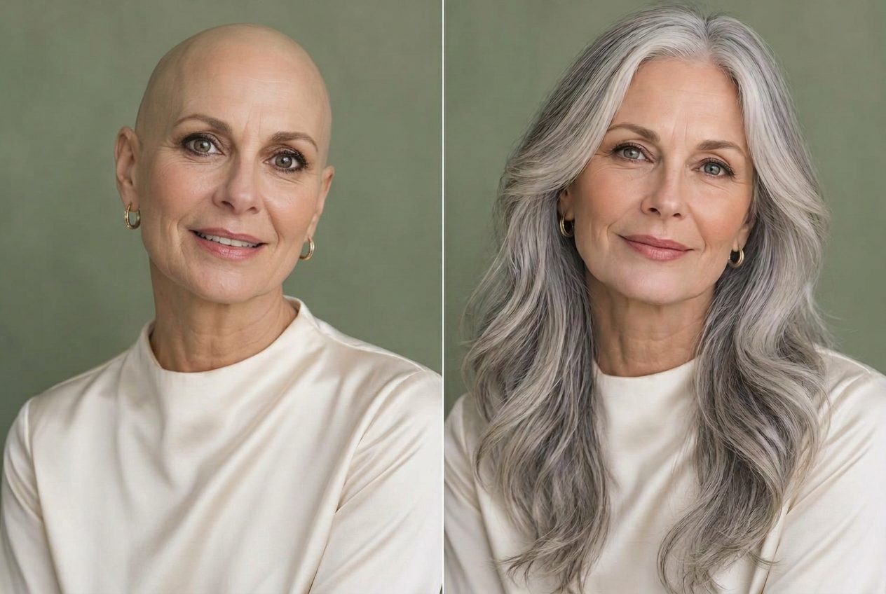 AI-generated illustration of the same woman without a wig on the left and wearing long silver layers on the right
