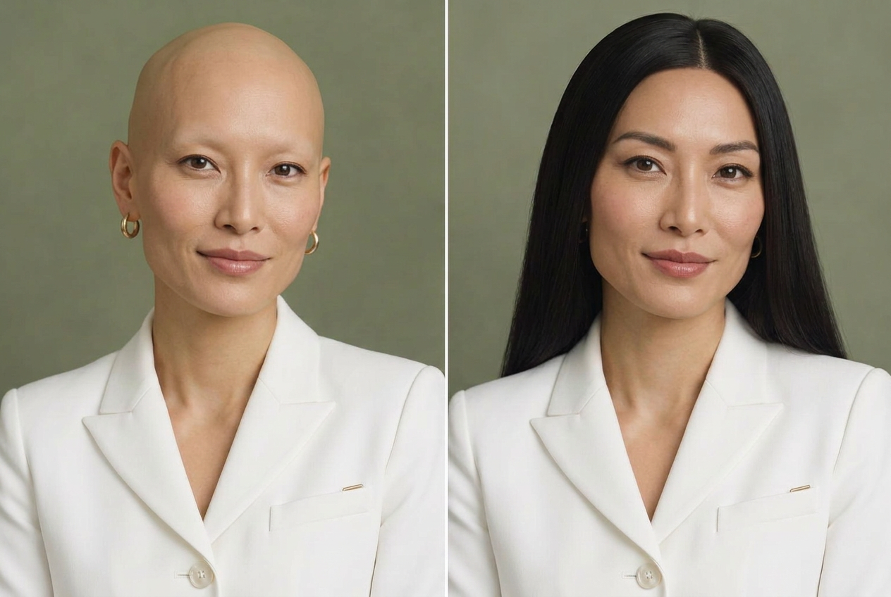 AI-generated illustration of the same woman without a wig on the left and wearing sleek & straight on the right