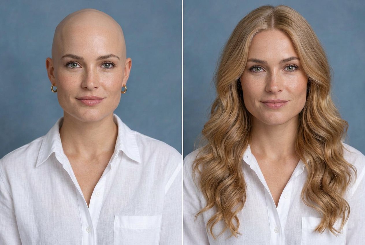 AI-generated illustration of the same woman without a wig on the left and wearing strawberry blonde curls on the right
