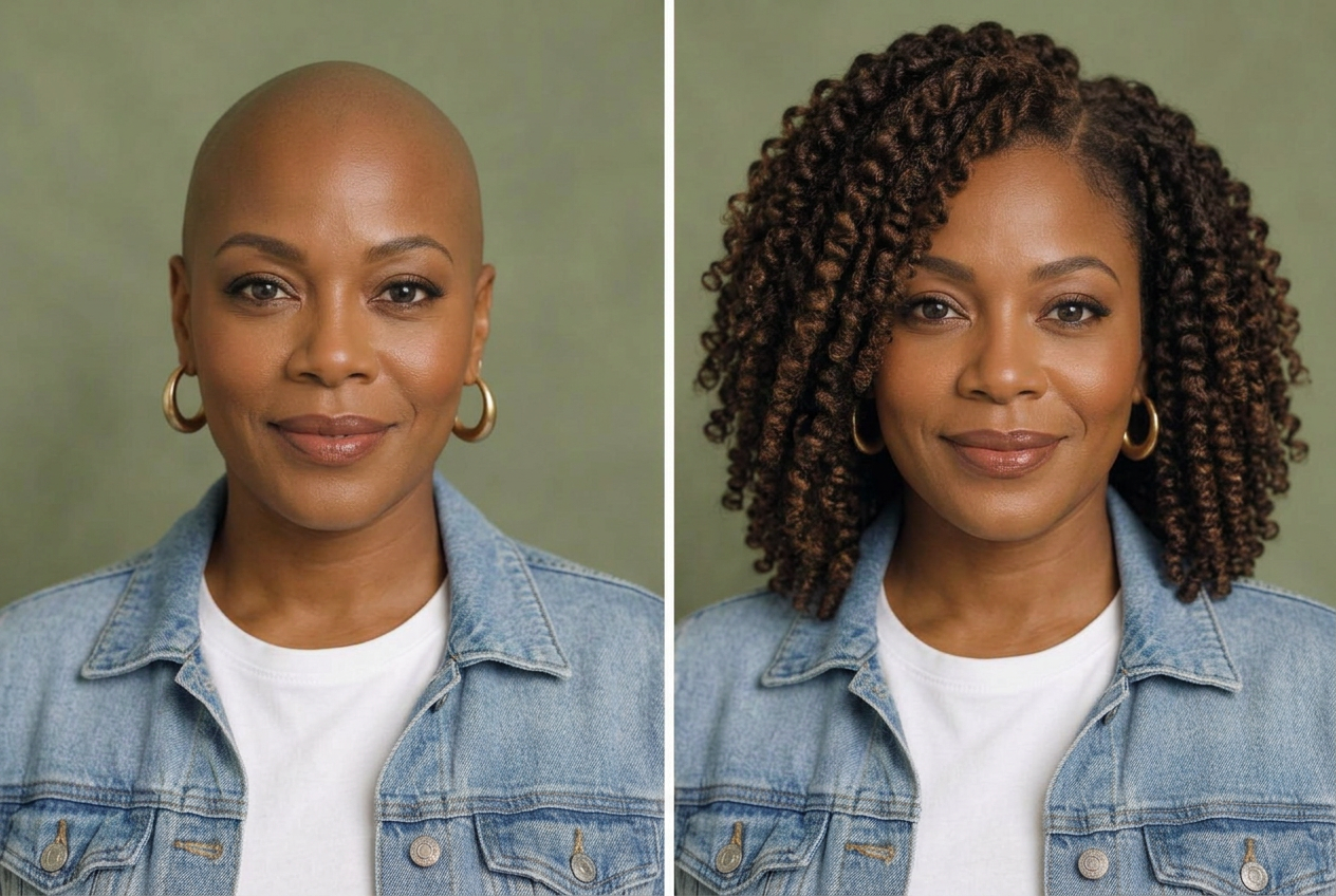 AI-generated illustration of the same woman without a wig on the left and wearing the twist-out on the right