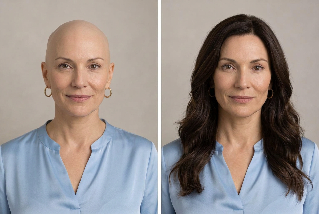 AI-generated illustration of the same woman without a wig on the left and wearing soft, flowing waves on the right